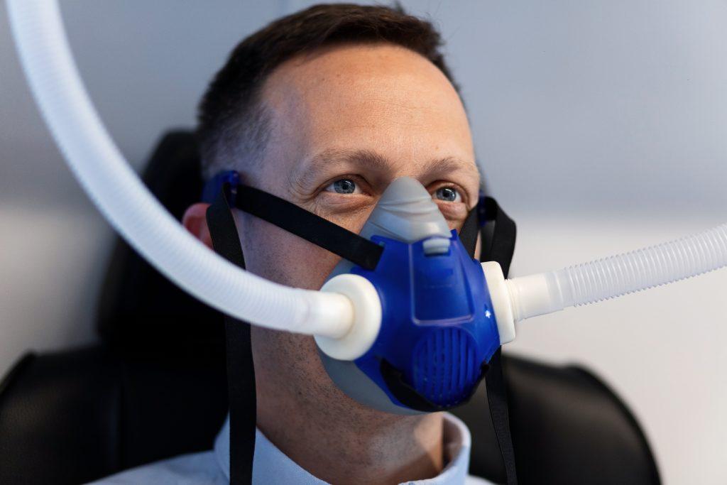 Male patient during hyperbaric oxygen therapy.
